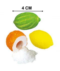 Sucre, sirop de glucose, gomme base, arômes, acidifiants : E296, humectant E422, agents d'enrobage : E901, E903, huile végétale, colorants : E100, E120, E133, E160c, soja. Fabriqué dans un atelier utilisant des dérivés lactés.